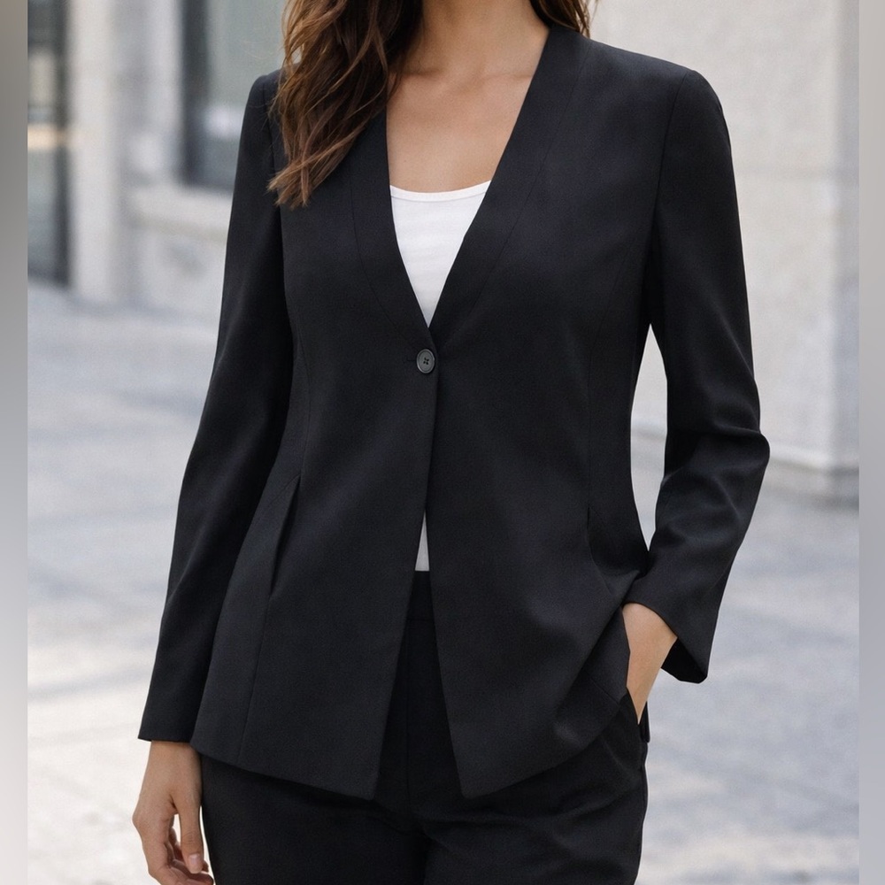 Ellen Tracy Black Collarless Blazer Size 8 Single Button Minimalist Career